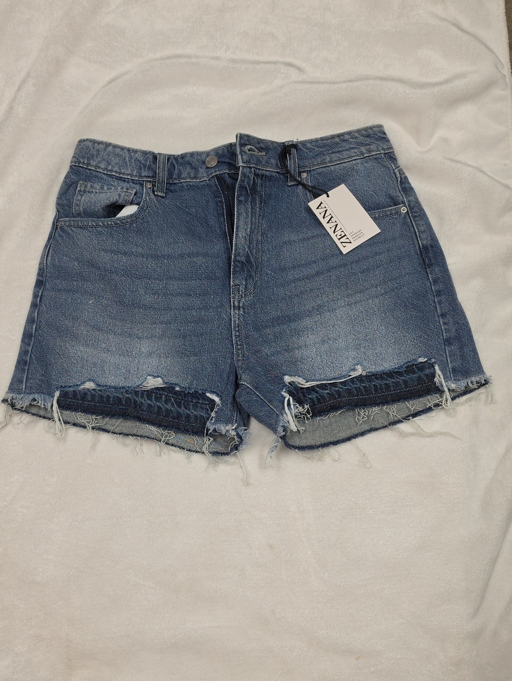 High-Rise Distressed Denim Shorts - Blue